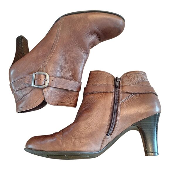 NURTURE Talin Brown Premium Leather Heeled Zip Ankle Boot 9.5M Buckle Bootie - Picture 8 of 16